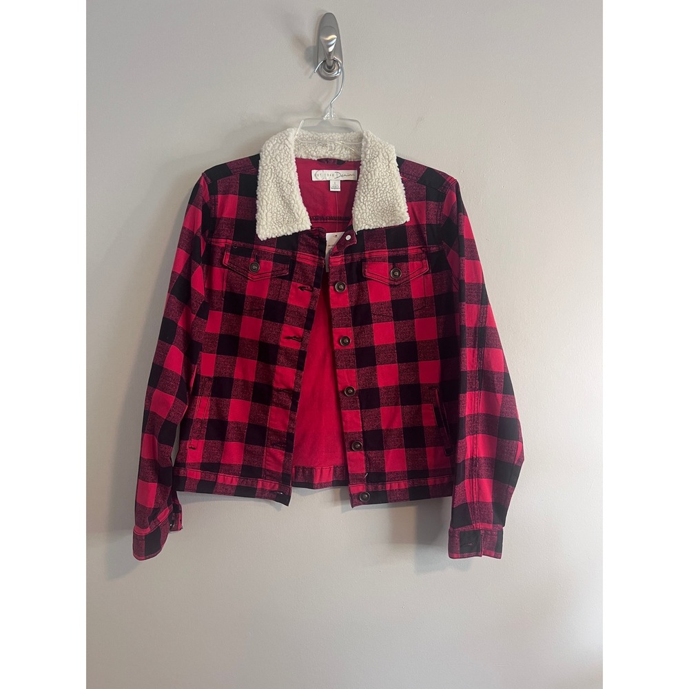 Cato Denim Red Black Buffalo Plaid Sherpa Collar Trucker Jacket Large NEW